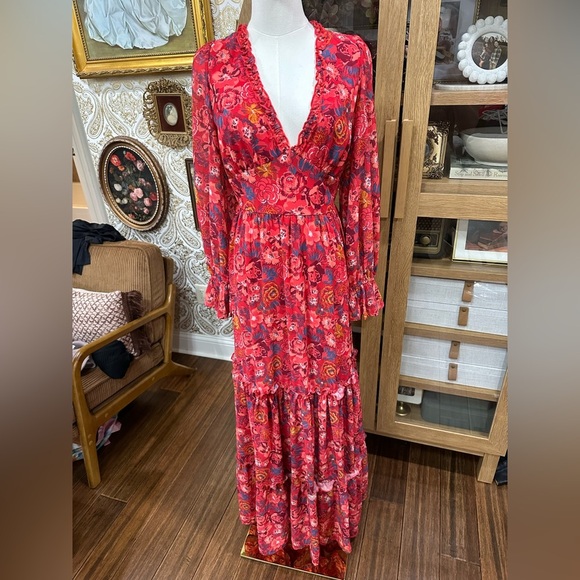 Aura Red Long Sleeve V-Neck maxi boho Sundress - Picture 1 of 5